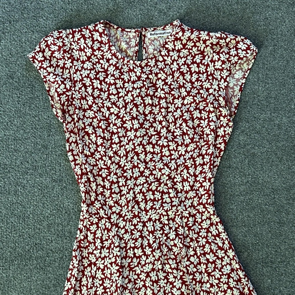 Reformation Dress Womens 2 Red Floral Cutout Maxi Fit Flare Short Sleeve Slit - Picture 11 of 16